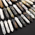 Natural African Dendritic Moss Opal Beads Faceted Double Terminated Pointed Large Long Pendant Top Side Drilled Bead Bullet 16" Strand