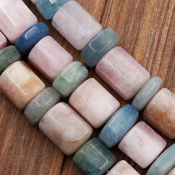 Large Blue Aquamarine Pink Morganite Beads Faceted Cylinder Hexagon Tube Barrel Unique Designer Beads 16" Strand