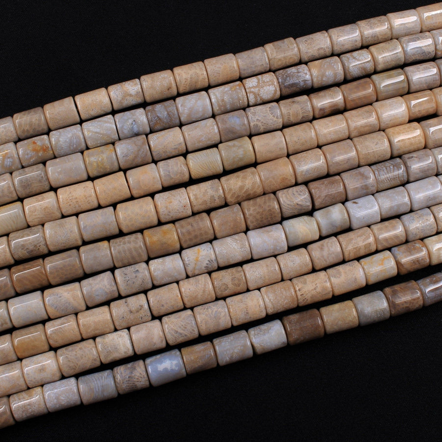 Natural Fossil Coral Smooth Cylinder Drum Barrel Beads 10mm Earthy Beige Gray Beads 16" Strand