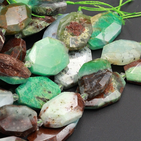 Natural Chunky Faceted Australian Green Chrysoprase Slab Cushion Rectangle Rectangular Nugget Slice Pendant Focal Beads 16" Strand