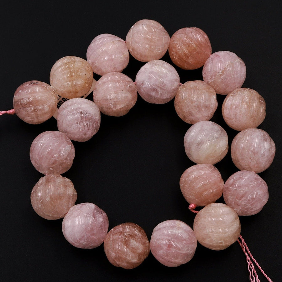 Hand Carved Morganite Beads Large 20mm Genuine Pink Beryl Pink Aquamarine 16" Strand