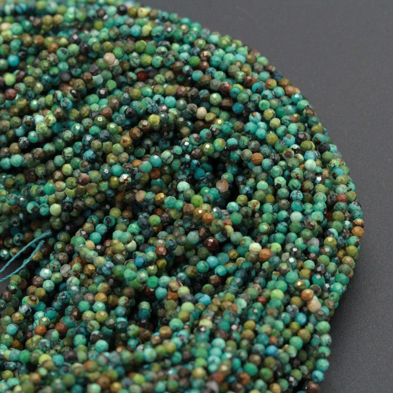 Natural Turquoise Tiny Small 2mm Faceted Round Beads Real Genuine Natural Brown Green Turquoise Micro Faceted Cut 16" Strand