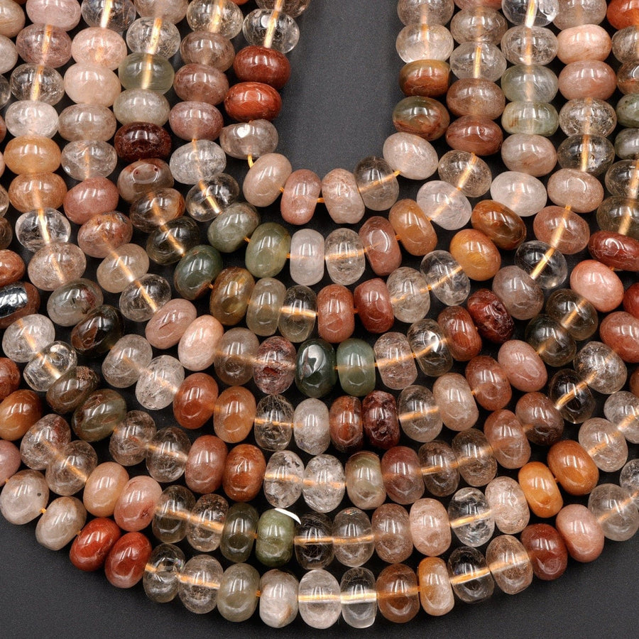 Natural Brazilian Quartz Rondelle Beads 8mm Golden Red Green Phantom Quartz Rutile Quartz Natural Crystal 16" Strand