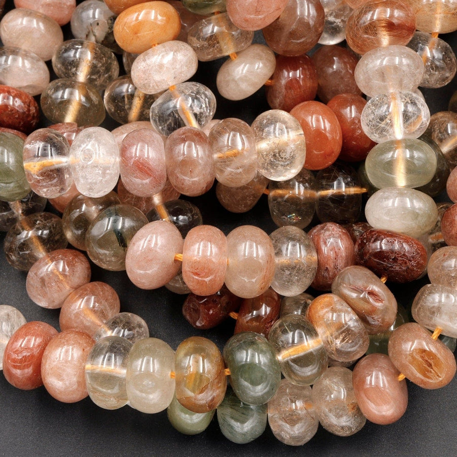 Natural Brazilian Quartz Rondelle Beads 8mm Golden Red Green Phantom Quartz Rutile Quartz Natural Crystal 16" Strand