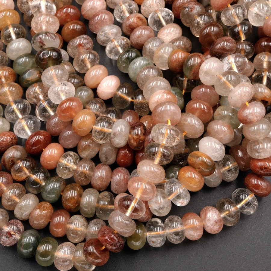 Natural Brazilian Quartz Rondelle Beads 8mm Golden Red Green Phantom Quartz Rutile Quartz Natural Crystal 16" Strand