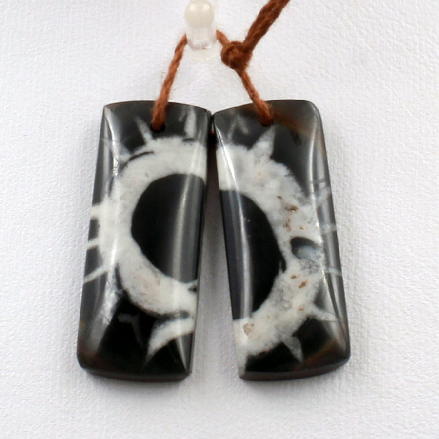 Natural Septarian Fossil Earring Pair Cabochon Cab Pair Drilled Rectangle Matched Earrings Black White Pattern Bead Pair