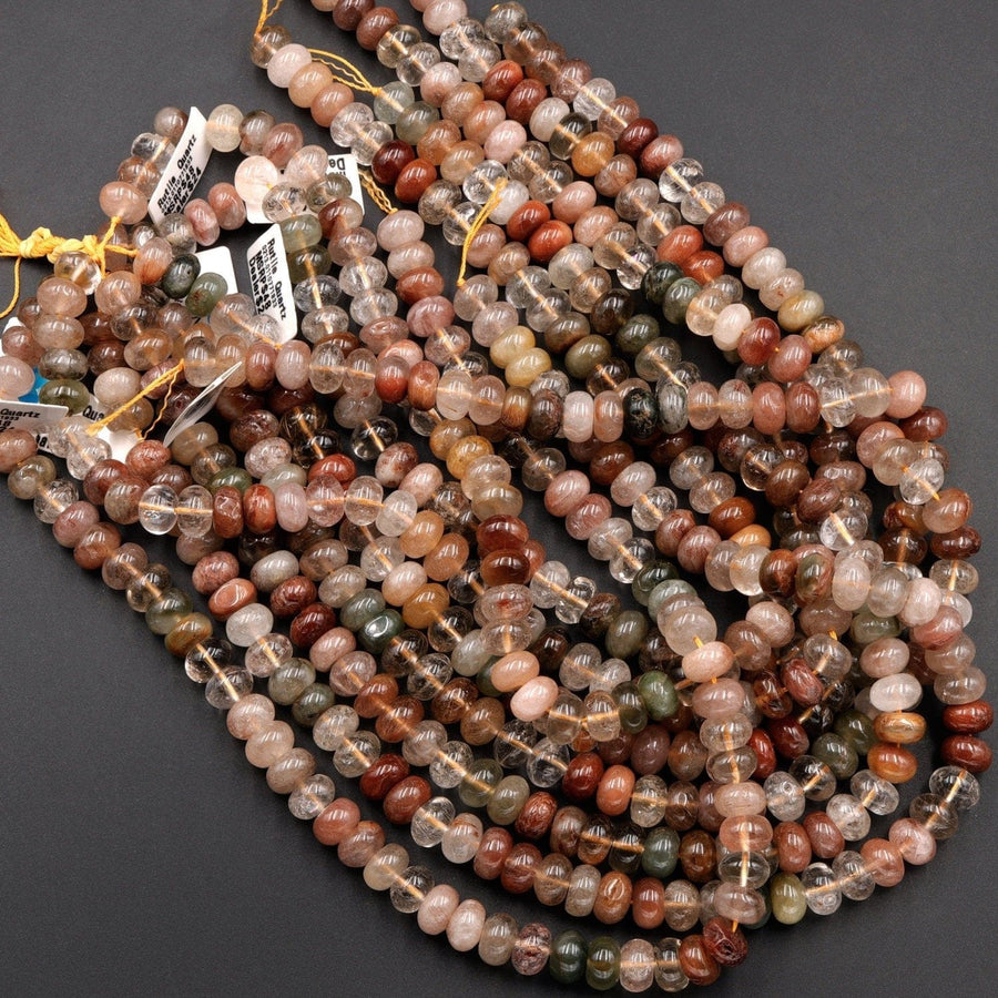 Natural Brazilian Quartz Rondelle Beads 8mm Golden Red Green Phantom Quartz Rutile Quartz Natural Crystal 16" Strand