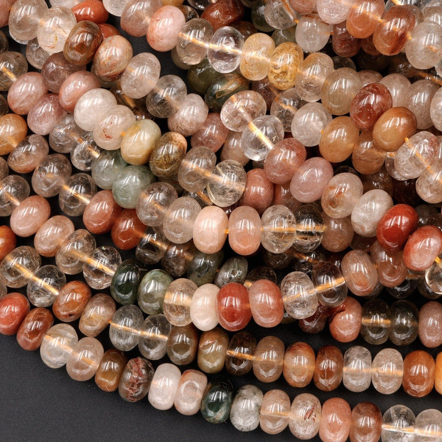 Natural Brazilian Quartz Rondelle Beads 8mm Golden Red Green Phantom Quartz Rutile Quartz Natural Crystal 16" Strand