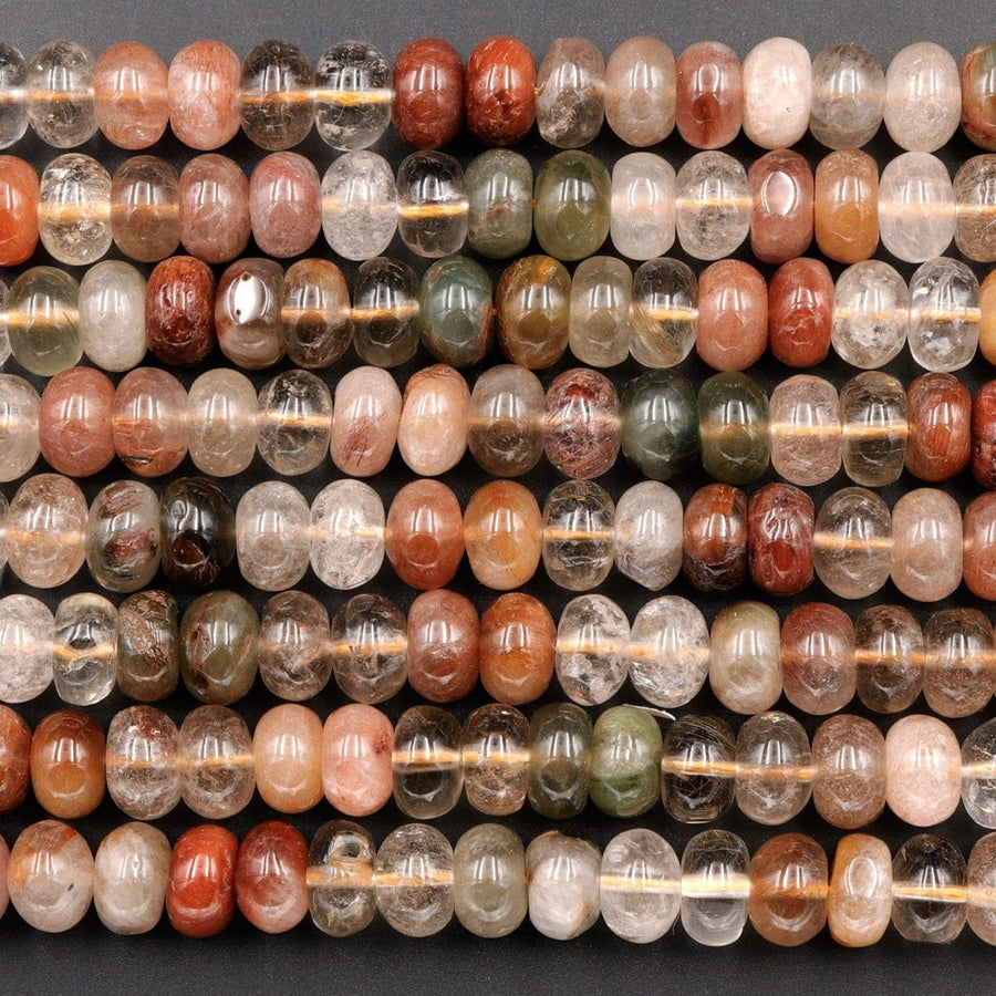Natural Brazilian Quartz Rondelle Beads 8mm Golden Red Green Phantom Quartz Rutile Quartz Natural Crystal 16" Strand