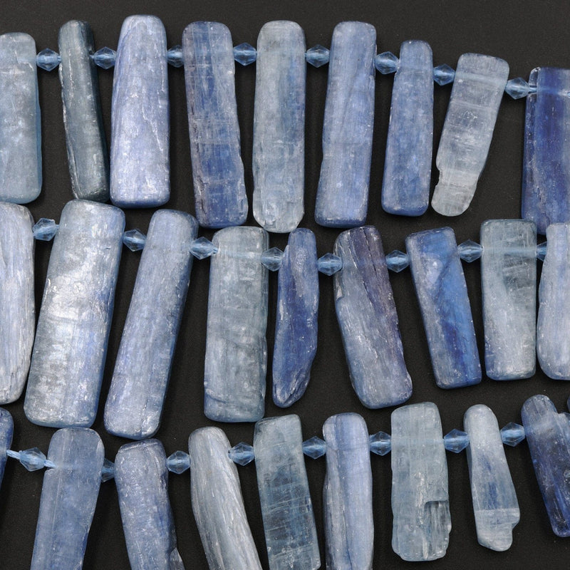Side Drilled Raw Natural Blue Kyanite Long Rectangle Bead Focal Pendant Quality Freeform Irregular Long Gemstone Beads Rough Cut 16" Strand