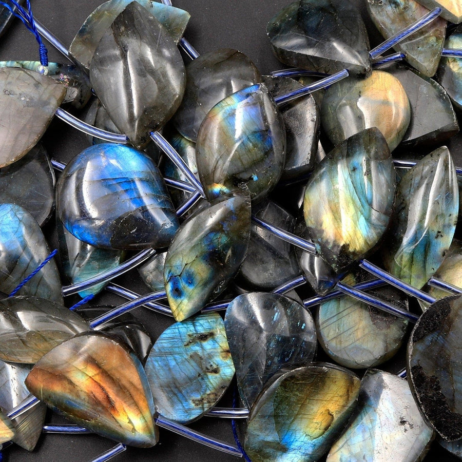 Natural Labradorite Beads Freeform Teardrop Shape Top Side Drilled Pendant Focal Tones of Blue Green Gold Flashes 16" Strand