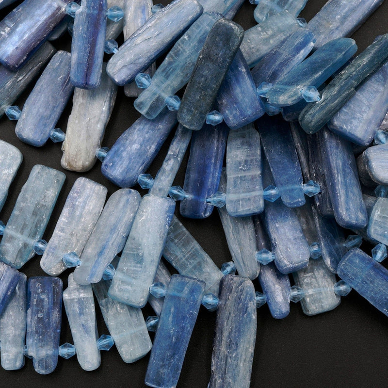 Side Drilled Raw Natural Blue Kyanite Long Rectangle Bead Focal Pendant Quality Freeform Irregular Long Gemstone Beads Rough Cut 16" Strand
