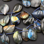 Natural Labradorite Beads Freeform Teardrop Shape Top Side Drilled Pendant Focal Tones of Blue Green Gold Flashes 16" Strand