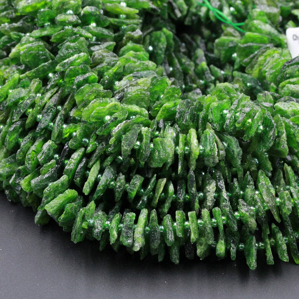 Raw Rough Large Natural Green Chrome Diopside Chip Nugget Unpolished Chrome Diopside Raw Organic Beads Rough Cut 16" Strand