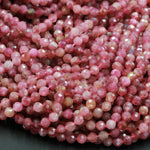 Natural Pink Tourmaline Faceted 5mm Beads Round Micro Faceted Micro Cut Small Real Gemstone Diamond Cut 16" Strand