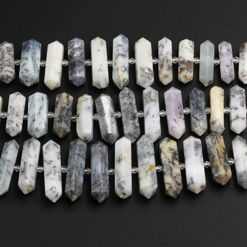 AAA Natural Moss Opal Beads Faceted Double Terminated Pointed Tips Large Healing Focal Pendant Drilled Dendritic Bead Bullet 16" Strand