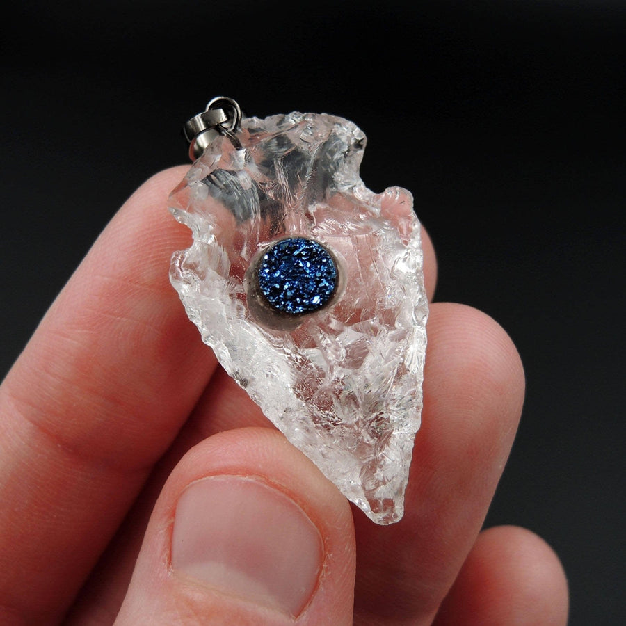 Natural Rough Raw Rock Crystal Quartz Pendants With Blue Druzy Center Hand Hammered 1 1/2 Inch Arrowhead Pendant Focal Bead