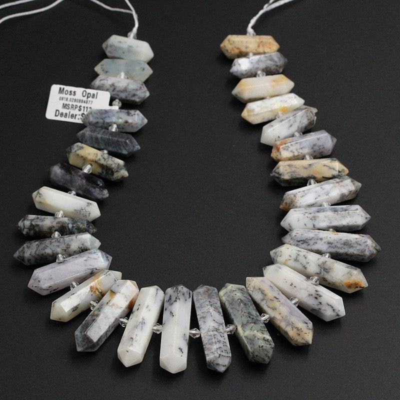 AAA Natural Moss Opal Beads Faceted Double Terminated Pointed Tips Large Healing Focal Pendant Drilled Dendritic Bead Bullet 16" Strand