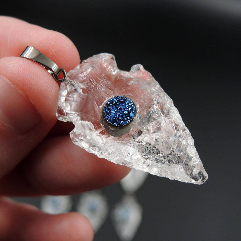 Natural Rough Raw Rock Crystal Quartz Pendants With Blue Druzy Center Hand Hammered 1 1/2 Inch Arrowhead Pendant Focal Bead