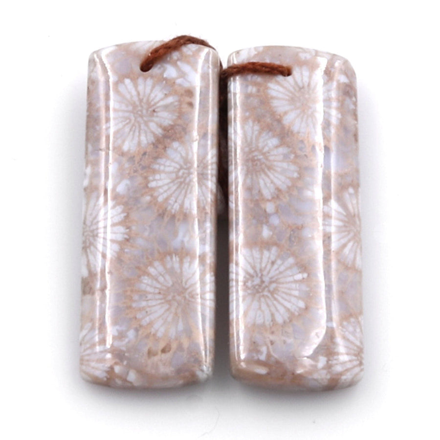 Fossil Coral Earring Pair Cabochon Cab Pair Drilled Rectangle Matched Earrings Natural Pattern Bead Pair