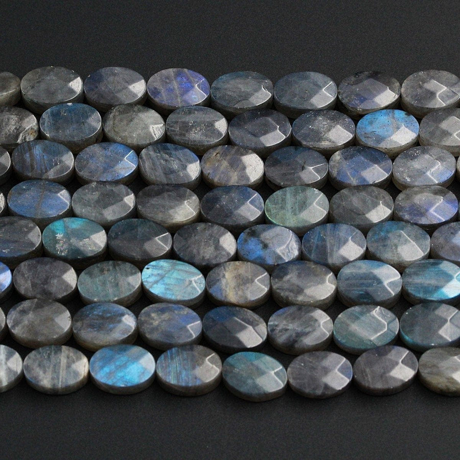 Faceted Labradorite Oval Beads 12mm 14mm 16mm Natural Dark Labradorite Brilliant Blue Green Flashes Fire Good For Earrings 16" Strand