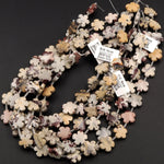 Carved Picture Jasper Beads Cherry Blossom Flower Earthy Red Yellow Brown Natural Multi-color Artistic Stone 16" Strand
