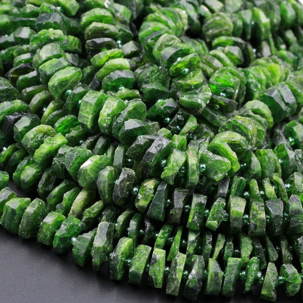 Gorgeous Large Natural Green Chrome Diopside Heishi Wheel Disc Rondelle Bead Center Drillied Slice Raw Rough Organic Cut 16" Strand