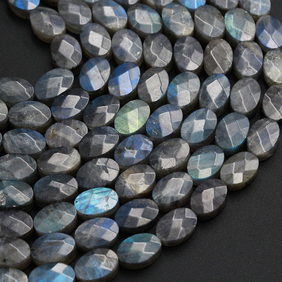 Faceted Labradorite Oval Beads 12mm 14mm 16mm Natural Dark Labradorite Brilliant Blue Green Flashes Fire Good For Earrings 16" Strand