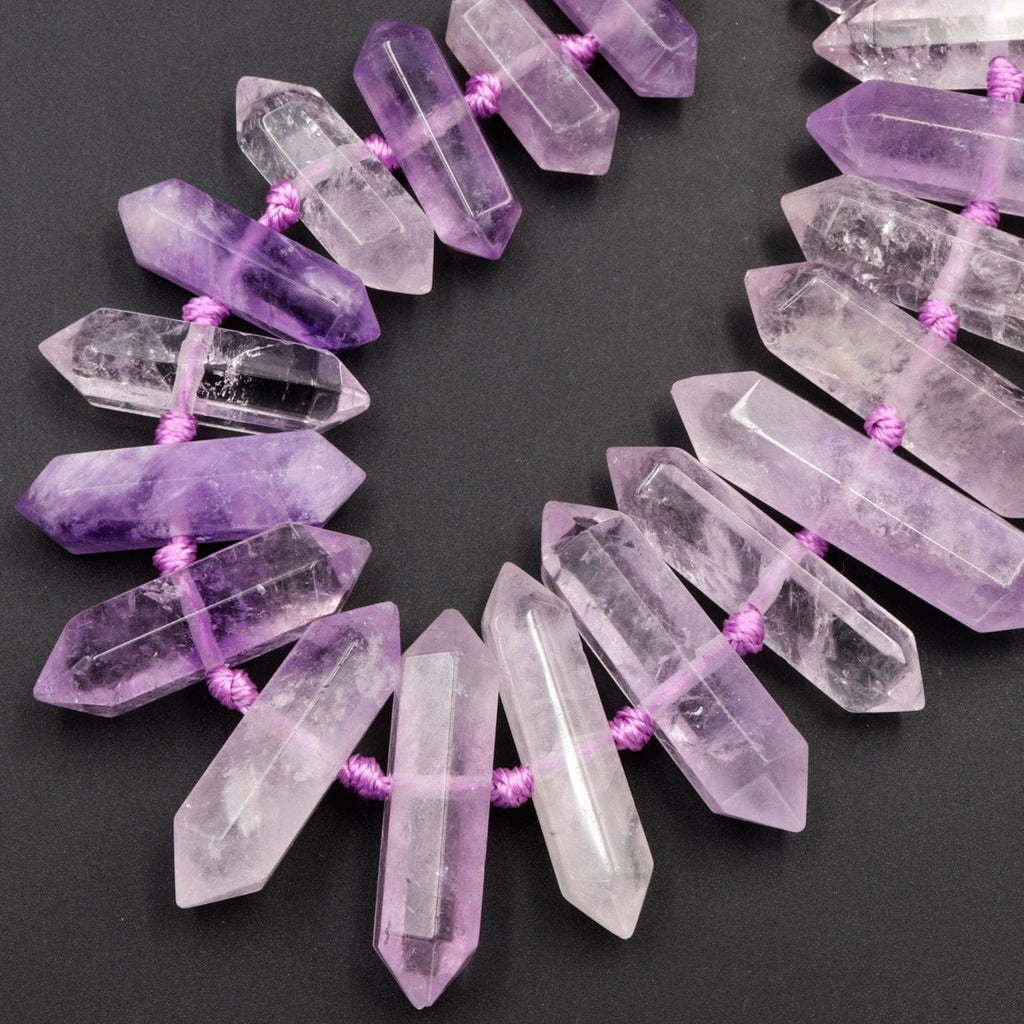 Natural Lilac Purple Amethyst Beads Faceted Double Terminated Pointed Side Drilled Large Healing Amethyst Crystal Focal Pendant 16" Strand
