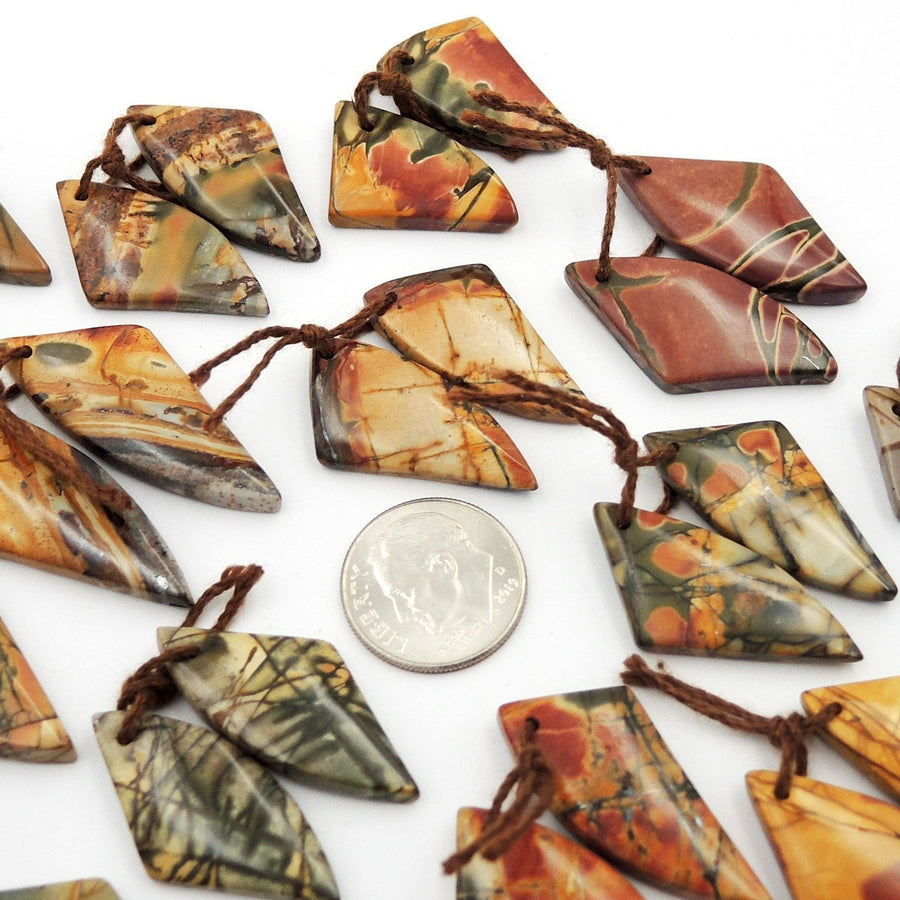 Natural Red Creek Jasper Abstract Butterfly Wing Earring Pair Cabochon Cab Drilled Matched Gemstone Bead Pair Aka Multicolor Picasso Jasper