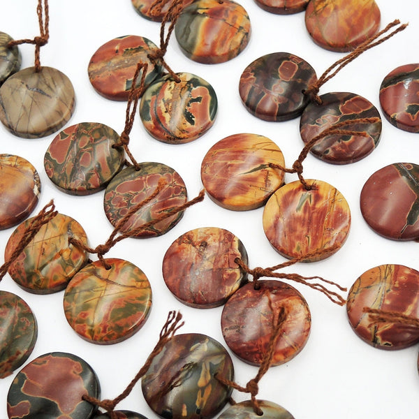 Natural Red Creek Jasper Earring Pair Cabochon Cab Drilled Round Circle Matched Gemstone Bead Pair Aka Multicolor Picasso Jasper