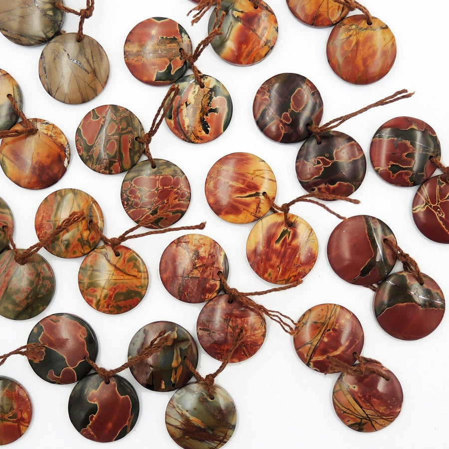 Natural Red Creek Jasper Earring Pair Cabochon Cab Drilled Round Circle Matched Gemstone Bead Pair Aka Multicolor Picasso Jasper