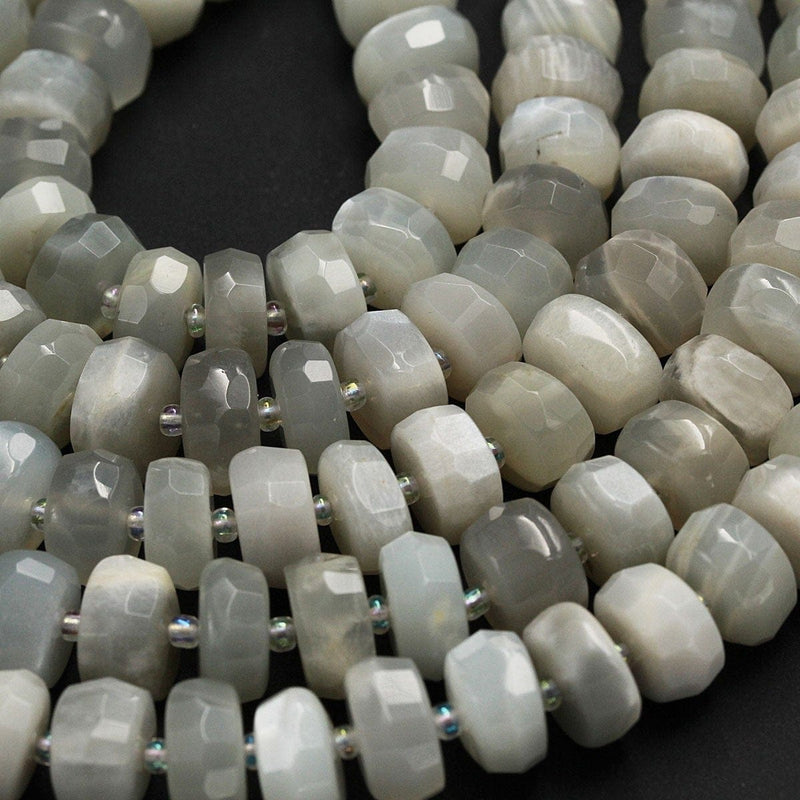 Natural White Rainbow Moonstone Beads Large Faceted Wheel Rondelle Neutral Color Silver Gray High Quality Designer Beads Full 16" Strand
