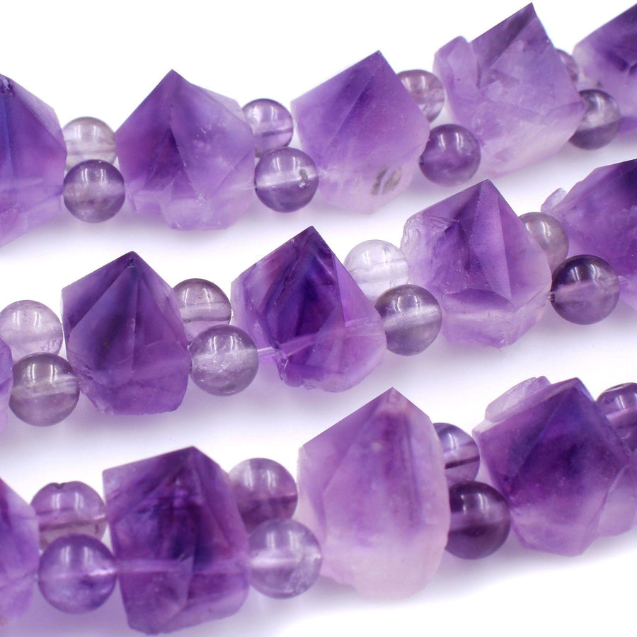 AAA Double Drilled Natural Amethyst Points Beads Pyramid Raw Rough Organic Nugget Rich Purple Gemstone 8" Strand Perfect for Bracelet