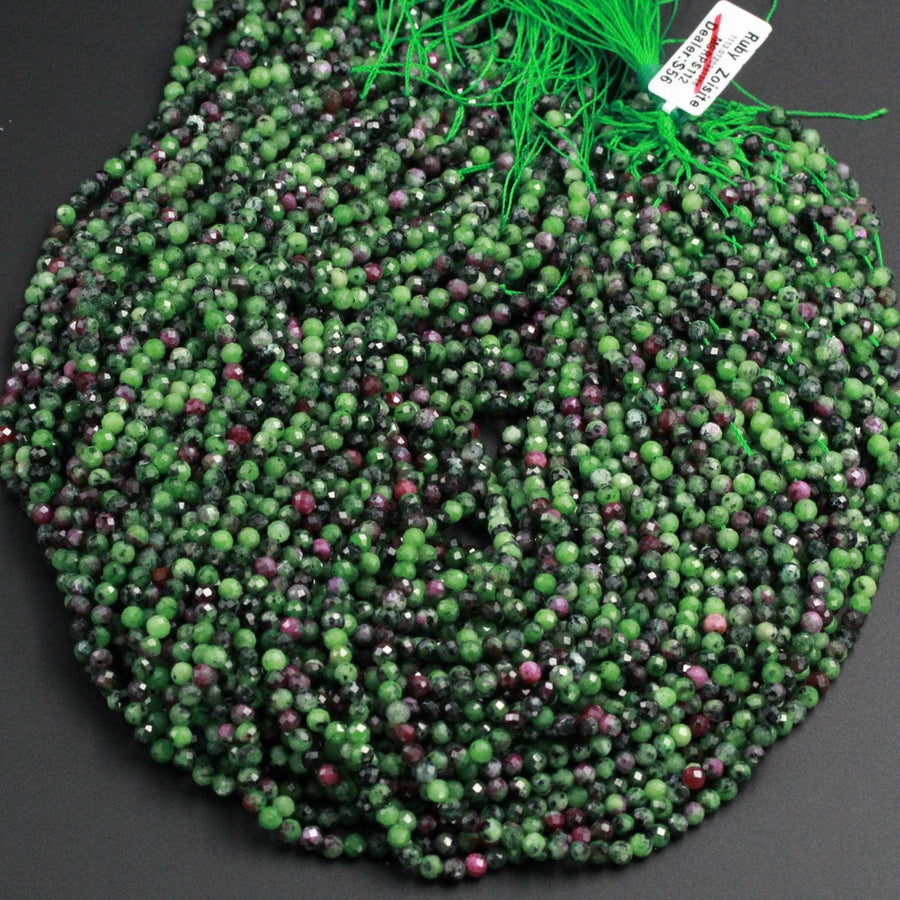 Faceted Natural Ruby Zoisite 4mm Round Beads Micro Faceted Cut Small Red Ruby Green Zoisite Gemstone 16" Strand