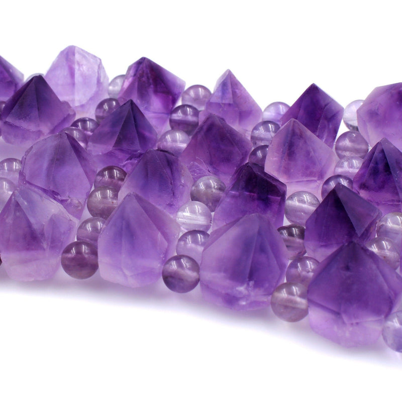 AAA Double Drilled Natural Amethyst Points Beads Pyramid Raw Rough Organic Nugget Rich Purple Gemstone 8" Strand Perfect for Bracelet