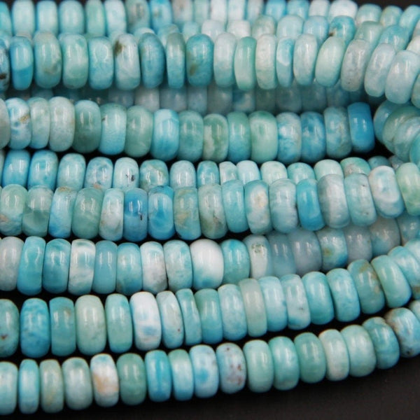 Large Natural Blue Larimar 8mm Smooth Rondelle Beads  A Grade Real Genuine Larimar Gemstone Full 16" Strand