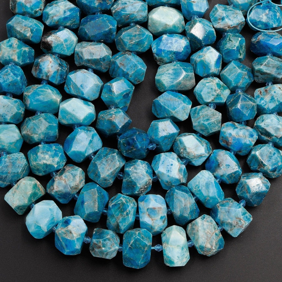Large Natural Apatite Beads Chunky Faceted Nugget Dark Vibrant Teal Blue Gemstone Designer Beads Unique Gem Cut 16" Strand