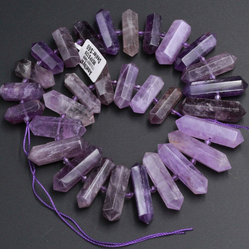 Natural Purple Amethyst Faceted Double Terminated Pointed Beads Center Drilled Large Healing Amethyst Crystal Focal Pendant 16" Strand