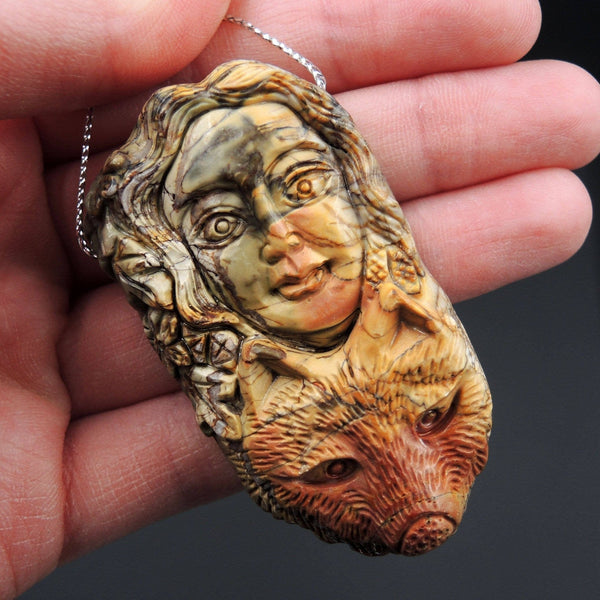 Natural Red Creek Jasper Pendant Hand Carved Wolf Woman Cherry Creek Jasper Pendant Multicolor Drilled Carved Pendant P1100