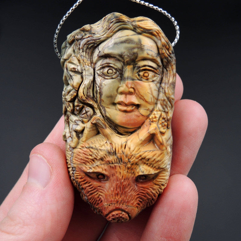Natural Red Creek Jasper Pendant Hand Carved Wolf Woman Cherry Creek Jasper Pendant Multicolor Drilled Carved Pendant P1100