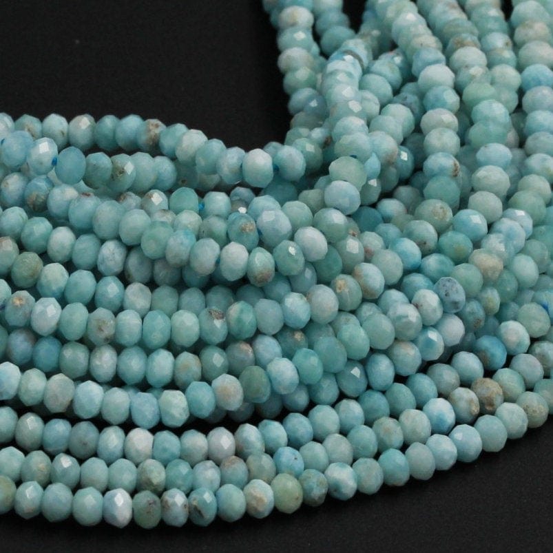 Natural Blue Larimar 4mm Faceted Rondelle Beads 5mm Micro Faceted Diamond Cut Real Genuine Larimar Blue Gemstone 16" Strand