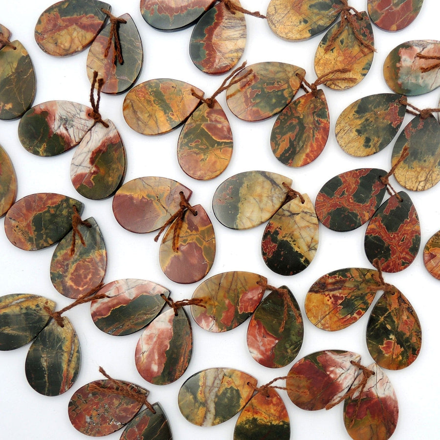 Natural Red Creek Jasper Earring Pair Cabochon Drilled Long Flat Teardrop Matched Gemstone Bead Pair Aka Multicolor Picasso Jasper