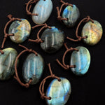 Natural Labradorite Freeform Oval Pendant Unique 2 Hole Pendant Tones of Blue Green Gold Flashes Hand Cut Drilled Gemstone Bead