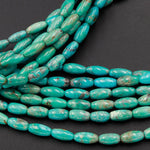 Small Natural Turquoise 10mm x 5mm Rice Beads Thin Barrel Drum Long Oval Beads Blue Green Gemstone 16" Strand