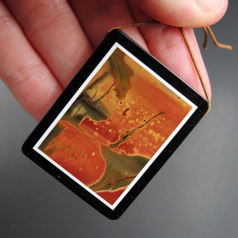 Intarsia Pendant Natural Red Creek Jasper W Black Onyx Inlay Side Drilled Rectangle Pendant Multi Color Picasso Jasper Picture Frame P1645