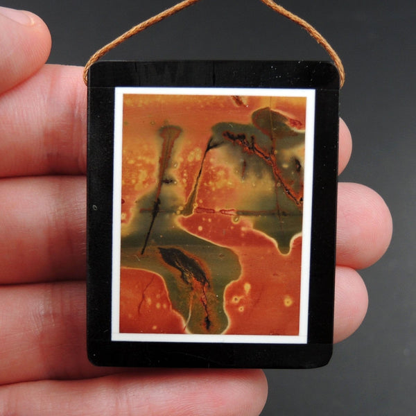 Intarsia Pendant Natural Red Creek Jasper W Black Onyx Inlay Side Drilled Rectangle Pendant Multi Color Picasso Jasper Picture Frame P1642