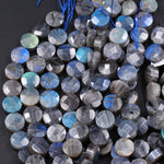 Faceted Labradorite Coin Disc Beads 12mm 14mm Natural Dark Labradorite Brilliant Blue Green Flashes Fire Good For Earring 16" Strand