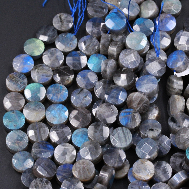 Faceted Labradorite Coin Disc Beads 12mm 14mm Natural Dark Labradorite Brilliant Blue Green Flashes Fire Good For Earring 16" Strand