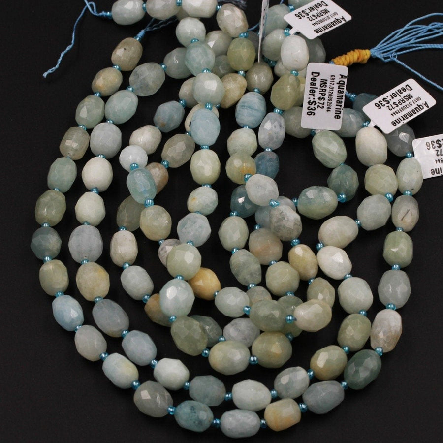 Natural Aquamarine Faceted Oval Pebble Beads Freeform Nuggets Mulicolor Blue Green Yellow Aquamarine Beads 16" Strand